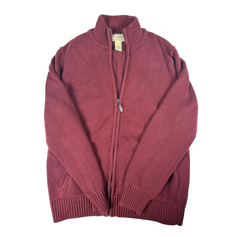 L.L.Bean Full Zip Cotton Sweater Jacket Burgundy Ribbed Knit Mens